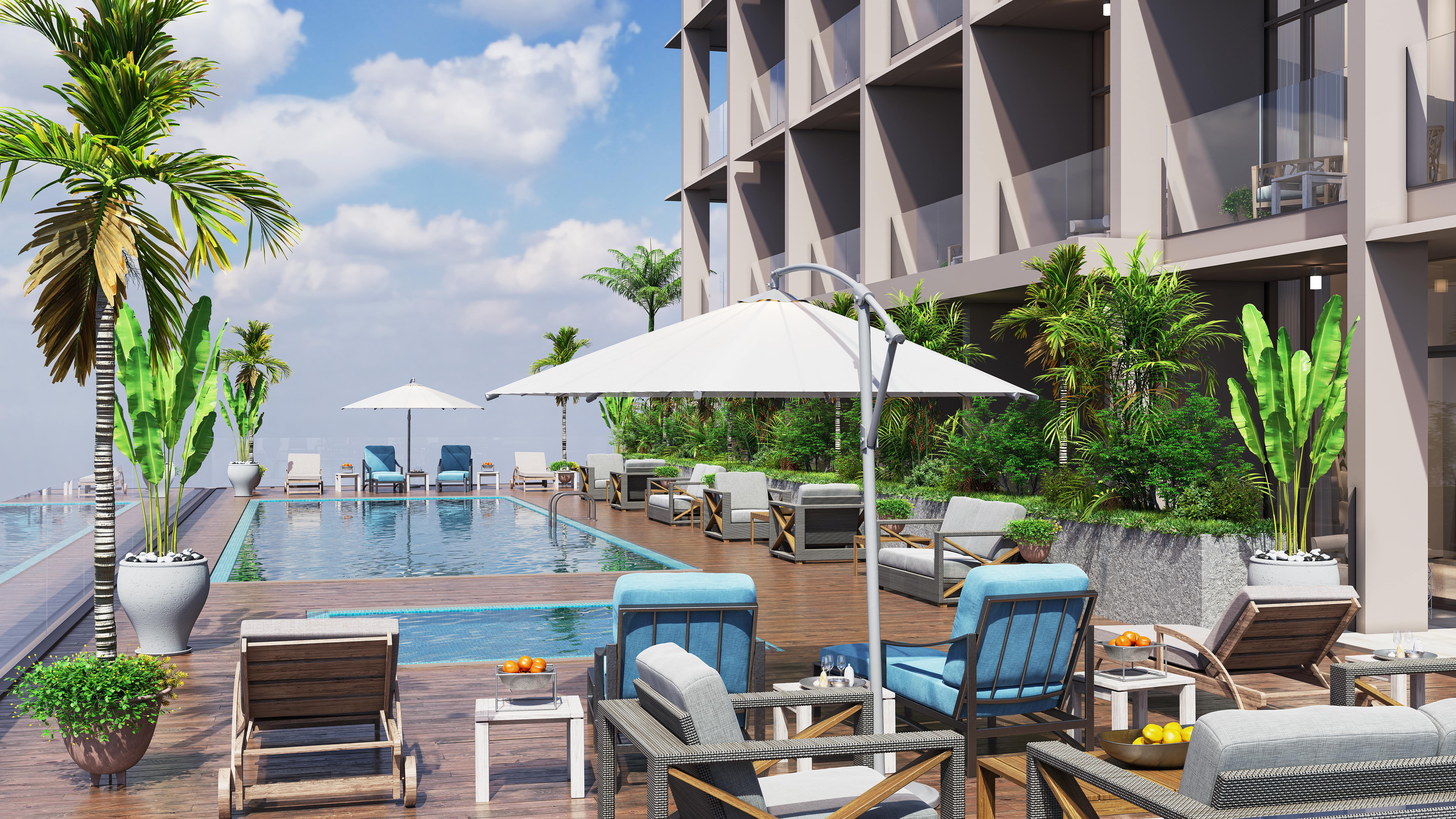 Hyde Walk By Imtiaz A luxurious poolside area featuring loungers, umbrellas, potted plants, and a scenic view of the sky.
